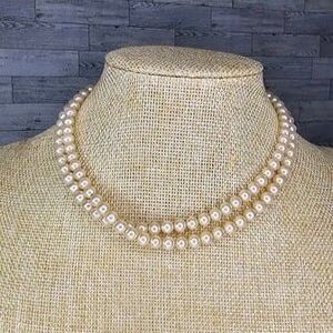 Trifari Double Strand Light Champagne Tone Faux Pearl Necklace 13"L + 2"Ext.